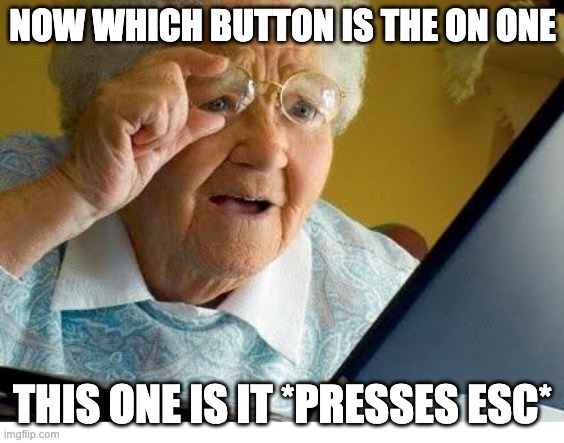 Which one is it? | NOW WHICH BUTTON IS THE ON ONE; THIS ONE IS IT *PRESSES ESC* | image tagged in old lady at computer,old lady,buttons | made w/ Imgflip meme maker