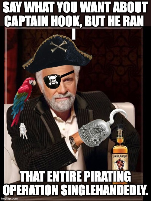 Arrr | SAY WHAT YOU WANT ABOUT CAPTAIN HOOK, BUT HE RAN; THAT ENTIRE PIRATING OPERATION SINGLEHANDEDLY. | image tagged in most interesting pirate in the world | made w/ Imgflip meme maker