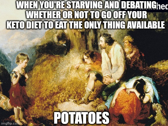 Keto | WHEN YOU'RE STARVING AND DEBATING WHETHER OR NOT TO GO OFF YOUR KETO DIET TO EAT THE ONLY THING AVAILABLE; POTATOES | image tagged in funny | made w/ Imgflip meme maker