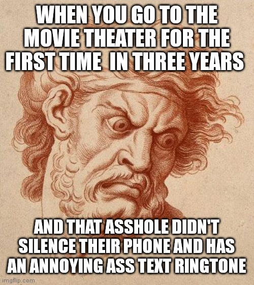 Movie theatre phone annoyances | WHEN YOU GO TO THE MOVIE THEATER FOR THE FIRST TIME  IN THREE YEARS; AND THAT ASSHOLE DIDN'T SILENCE THEIR PHONE AND HAS AN ANNOYING ASS TEXT RINGTONE | image tagged in funny | made w/ Imgflip meme maker