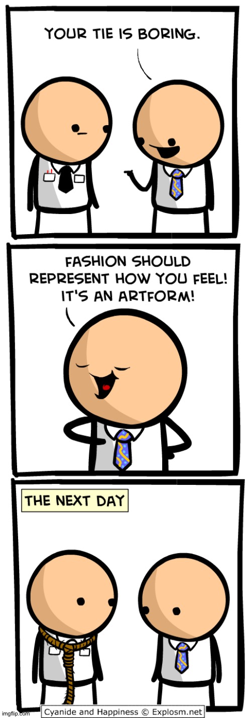 what's that kind of tie your wearing? | image tagged in comics,comics/cartoons,cyanide and happiness,dark humor | made w/ Imgflip meme maker