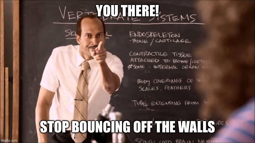 Key and Peele Substitute Teacher | YOU THERE! STOP BOUNCING OFF THE WALLS | image tagged in key and peele substitute teacher | made w/ Imgflip meme maker