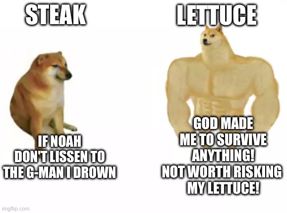 buff doge vs cheems reversed | STEAK LETTUCE IF NOAH DON'T LISSEN TO THE G-MAN I DROWN GOD MADE ME TO SURVIVE ANYTHING! NOT WORTH RISKING 
MY LETTUCE! | image tagged in buff doge vs cheems reversed | made w/ Imgflip meme maker