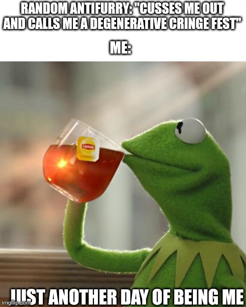 But That's None Of My Business Meme | RANDOM ANTIFURRY: "CUSSES ME OUT AND CALLS ME A DEGENERATIVE CRINGE FEST" JUST ANOTHER DAY OF BEING ME ME: | image tagged in memes,but that's none of my business,kermit the frog | made w/ Imgflip meme maker