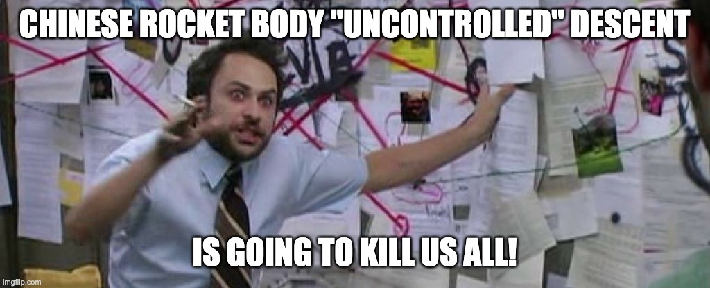 fearmongering and lunacy | CHINESE ROCKET BODY "UNCONTROLLED" DESCENT; IS GOING TO KILL US ALL! | image tagged in crazy conspiracy theory map guy,chinese,rocket,getoverit | made w/ Imgflip meme maker