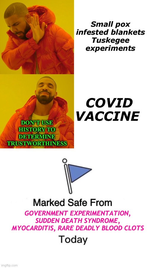 Never use history to determine current trends | Small pox infested blankets
Tuskegee experiments; COVID VACCINE; DON’T USE HISTORY TO DETERMINE TRUSTWORTHINESS; GOVERNMENT EXPERIMENTATION, SUDDEN DEATH SYNDROME, MYOCARDITIS, RARE DEADLY BLOOD CLOTS | image tagged in memes,drake hotline bling,marked safe from | made w/ Imgflip meme maker