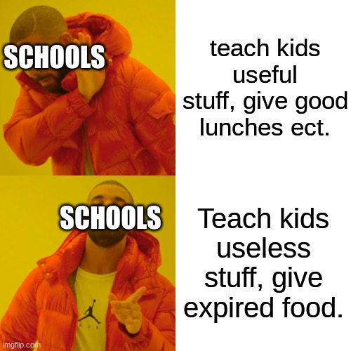 useless | teach kids useful stuff, give good lunches ect. SCHOOLS; SCHOOLS; Teach kids useless stuff, give expired food. | image tagged in memes,drake hotline bling | made w/ Imgflip meme maker