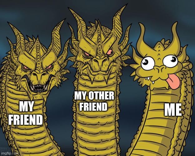 Every friend group has this | MY OTHER FRIEND; MY FRIEND; ME | image tagged in three-headed dragon | made w/ Imgflip meme maker