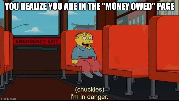im in danger | YOU REALIZE YOU ARE IN THE "MONEY OWED" PAGE | image tagged in im in danger | made w/ Imgflip meme maker