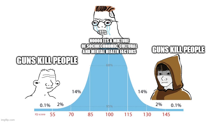 Normal Distribution meme | NOOOO ITS A MIXTURE OF SOCIOECONOMIC, CULTURAL AND MENTAL HEALTH FACTORS; GUNS KILL PEOPLE; GUNS KILL PEOPLE | image tagged in normal distribution meme | made w/ Imgflip meme maker