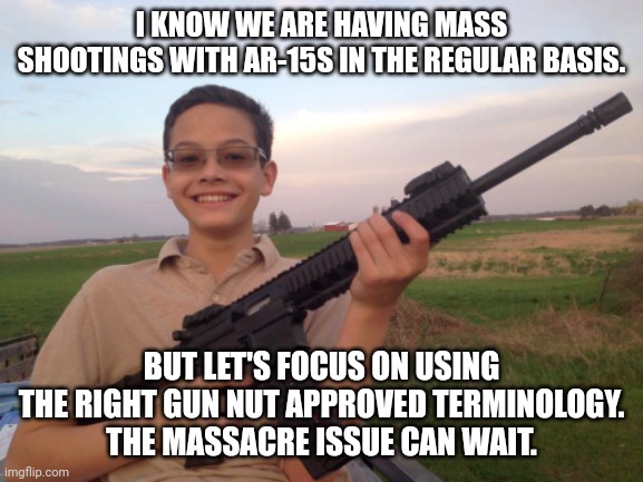 Gun nuts | I KNOW WE ARE HAVING MASS SHOOTINGS WITH AR-15S IN THE REGULAR BASIS. BUT LET'S FOCUS ON USING THE RIGHT GUN NUT APPROVED TERMINOLOGY.
THE MASSACRE ISSUE CAN WAIT. | image tagged in conservative,gun control,ar-15,mass shooting,liberal,gun rights | made w/ Imgflip meme maker