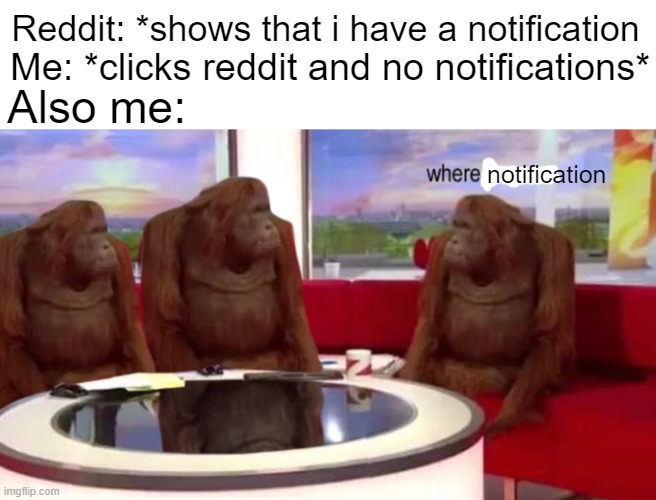 Happened to me twice, I have no idea why it does that | Reddit: *shows that i have a notification; Me: *clicks reddit and no notifications*; Also me:; notification | image tagged in certified bruh moment | made w/ Imgflip meme maker