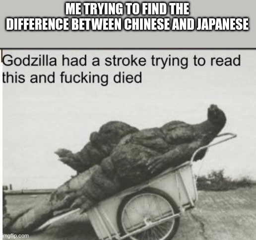 E | ME TRYING TO FIND THE DIFFERENCE BETWEEN CHINESE AND JAPANESE | image tagged in godzilla | made w/ Imgflip meme maker