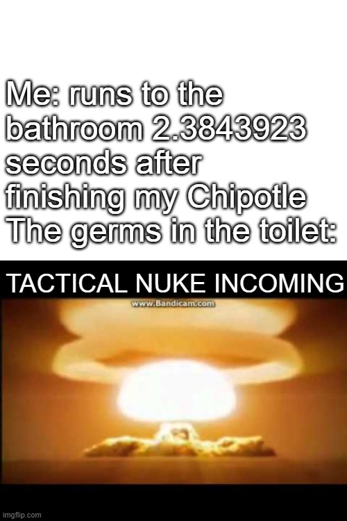 Its fax tho | Me: runs to the bathroom 2.3843923 seconds after finishing my Chipotle
The germs in the toilet:; TACTICAL NUKE INCOMING | image tagged in chipotle,poop | made w/ Imgflip meme maker