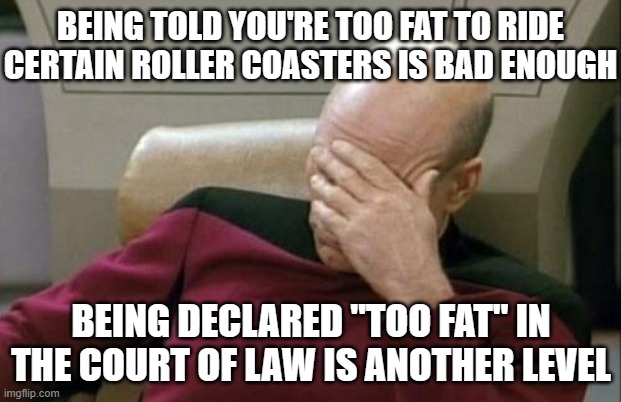 Captain Picard Facepalm Meme | BEING TOLD YOU'RE TOO FAT TO RIDE CERTAIN ROLLER COASTERS IS BAD ENOUGH BEING DECLARED "TOO FAT" IN THE COURT OF LAW IS ANOTHER LEVEL | image tagged in memes,captain picard facepalm | made w/ Imgflip meme maker