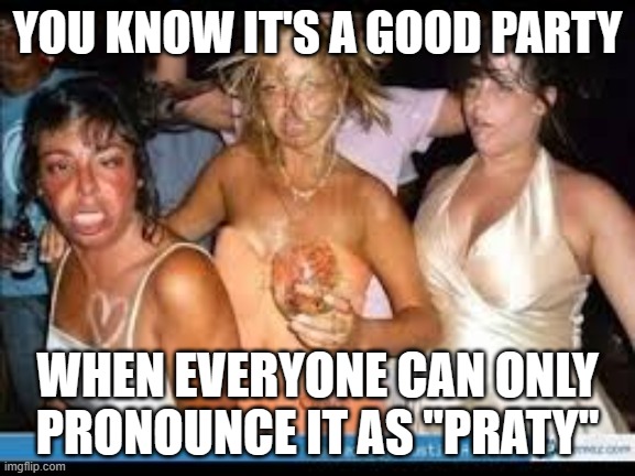 drunk chicks | YOU KNOW IT'S A GOOD PARTY WHEN EVERYONE CAN ONLY PRONOUNCE IT AS "PRATY" | image tagged in drunk chicks | made w/ Imgflip meme maker