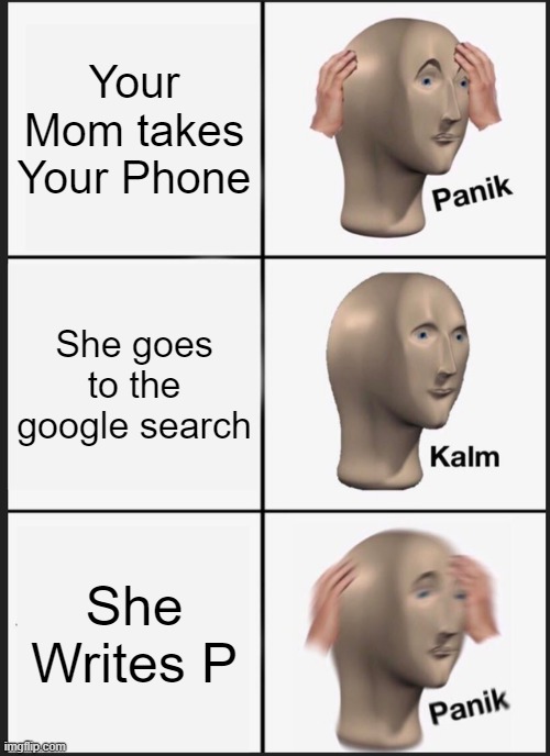 that got dark | Your Mom takes Your Phone; She goes to the google search; She Writes P | image tagged in memes,panik kalm panik | made w/ Imgflip meme maker