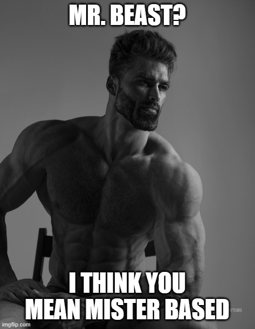 Giga Chad | MR. BEAST? I THINK YOU MEAN MISTER BASED | image tagged in giga chad | made w/ Imgflip meme maker