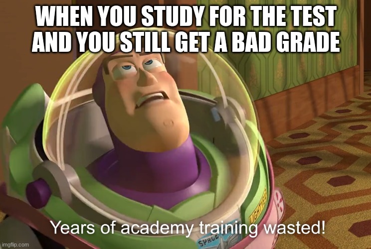 Studying be like | WHEN YOU STUDY FOR THE TEST AND YOU STILL GET A BAD GRADE | image tagged in years of academy training wasted | made w/ Imgflip meme maker