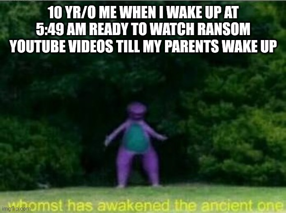 EYSTREEM PLAYS IN BACKGROUND | 10 YR/O ME WHEN I WAKE UP AT 5:49 AM READY TO WATCH RANSOM YOUTUBE VIDEOS TILL MY PARENTS WAKE UP | image tagged in whomst has awakened the ancient one,funny,memes,why are you booing me i'm right | made w/ Imgflip meme maker
