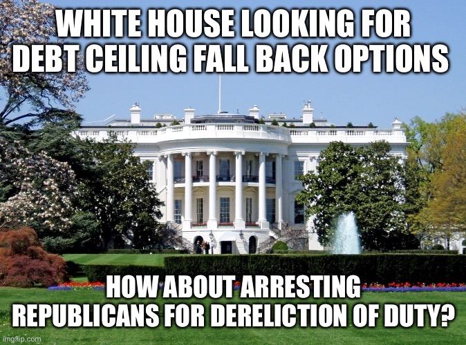 White House | WHITE HOUSE LOOKING FOR DEBT CEILING FALL BACK OPTIONS; HOW ABOUT ARRESTING REPUBLICANS FOR DERELICTION OF DUTY? | image tagged in white house | made w/ Imgflip meme maker