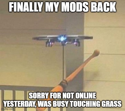 Attack drone | FINALLY MY MODS BACK; SORRY FOR NOT ONLINE YESTERDAY, WAS BUSY TOUCHING GRASS | image tagged in attack drone | made w/ Imgflip meme maker