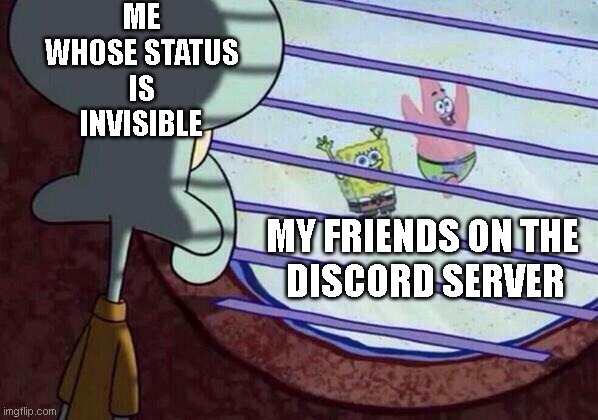 Squidward window | ME
WHOSE STATUS
IS INVISIBLE; MY FRIENDS ON THE 
DISCORD SERVER | image tagged in squidward window | made w/ Imgflip meme maker