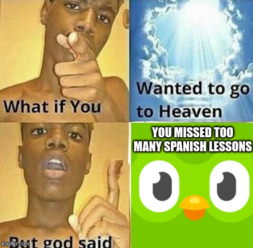 What if you wanted to go to Heaven | YOU MISSED TOO MANY SPANISH LESSONS | image tagged in what if you wanted to go to heaven | made w/ Imgflip meme maker