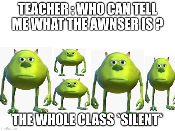 Silent | TEACHER : WHO CAN TELL ME WHAT THE AWNSER IS ? THE WHOLE CLASS *SILENT* | image tagged in funny memes | made w/ Imgflip meme maker
