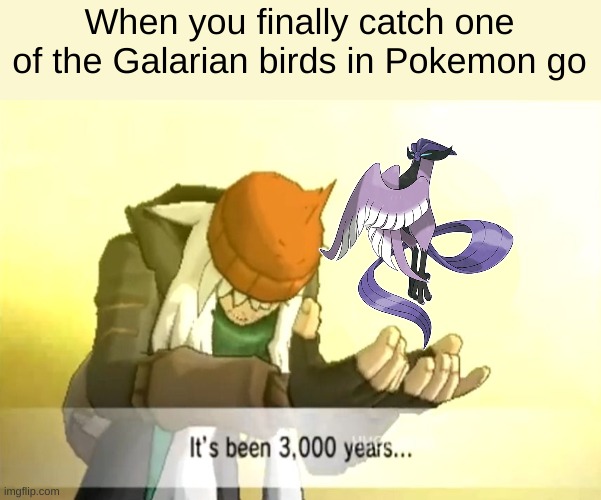 I thought It could never be done... and my favorite one too! comment below which of the galarian birds is your favorite | When you finally catch one of the Galarian birds in Pokemon go | image tagged in it's been 3000 years,pokemon go,legendary | made w/ Imgflip meme maker