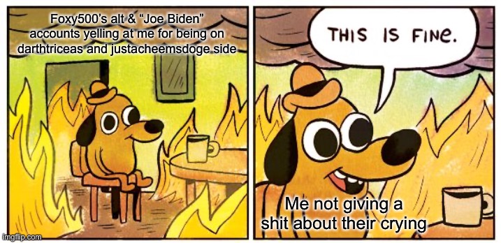 They are so unmature, should they get banned from imgflip? | Foxy500’s alt & “Joe Biden” accounts yelling at me for being on darthtriceas and justacheemsdoge side; Me not giving a shit about their crying | image tagged in memes,this is fine,cry about it,cry baby | made w/ Imgflip meme maker