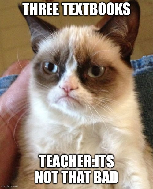 r.i.p grumpy cat | THREE TEXTBOOKS; TEACHER:ITS NOT THAT BAD | image tagged in memes,grumpy cat | made w/ Imgflip meme maker