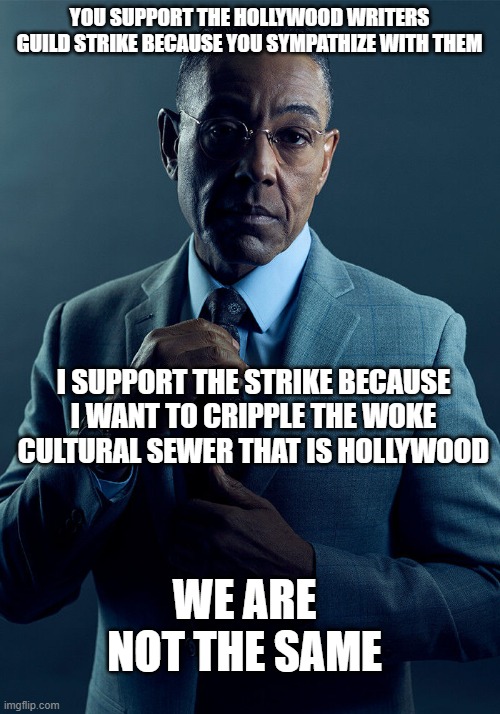 Woke Writers Strike | YOU SUPPORT THE HOLLYWOOD WRITERS GUILD STRIKE BECAUSE YOU SYMPATHIZE WITH THEM; I SUPPORT THE STRIKE BECAUSE I WANT TO CRIPPLE THE WOKE CULTURAL SEWER THAT IS HOLLYWOOD; WE ARE NOT THE SAME | image tagged in gus fring we are not the same,hollywood,boycott hollywood,woke | made w/ Imgflip meme maker