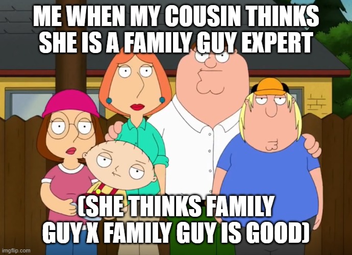 damn bro | ME WHEN MY COUSIN THINKS SHE IS A FAMILY GUY EXPERT (SHE THINKS FAMILY GUY X FAMILY GUY IS GOOD) | image tagged in damn bro | made w/ Imgflip meme maker