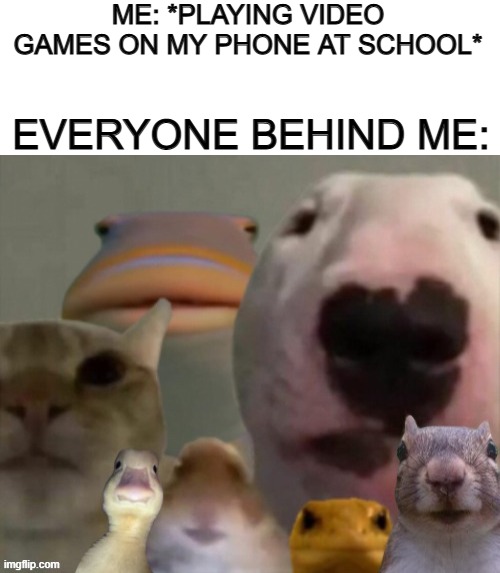 Fr tho... | ME: *PLAYING VIDEO GAMES ON MY PHONE AT SCHOOL*; EVERYONE BEHIND ME: | image tagged in blank white template | made w/ Imgflip meme maker