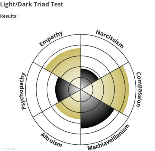 ou tend 20.67% more toward the light triad than the dark triad. You are 8.4% darker than the average person. | image tagged in random | made w/ Imgflip meme maker