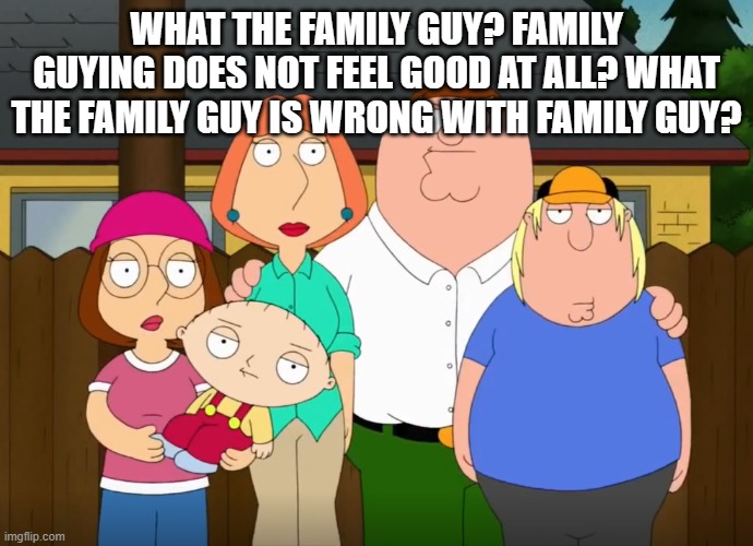 damn bro | WHAT THE FAMILY GUY? FAMILY GUYING DOES NOT FEEL GOOD AT ALL? WHAT THE FAMILY GUY IS WRONG WITH FAMILY GUY? | image tagged in damn bro | made w/ Imgflip meme maker