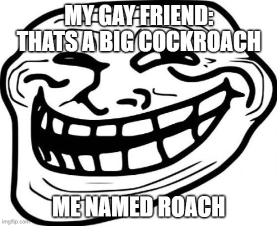 Troll Face Meme | MY GAY FRIEND: THATS A BIG COCKROACH; ME NAMED ROACH | image tagged in memes,troll face | made w/ Imgflip meme maker