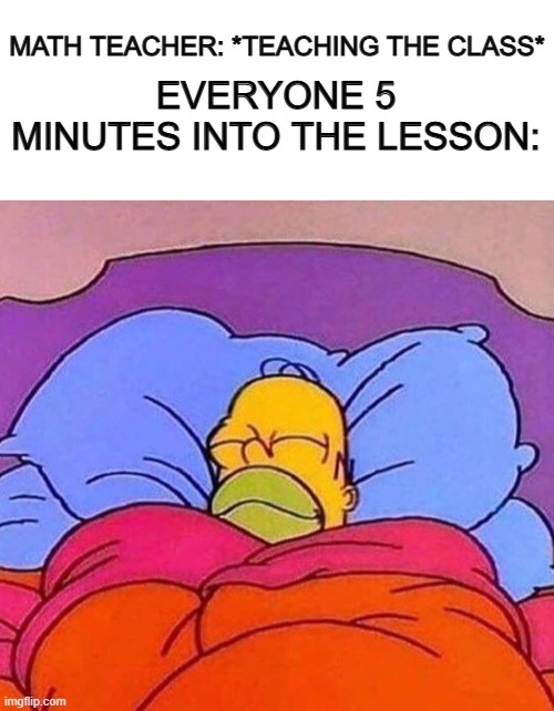 Zzzzzz... | MATH TEACHER: *TEACHING THE CLASS*; EVERYONE 5 MINUTES INTO THE LESSON: | image tagged in blank white template,homer simpson sleeping peacefully | made w/ Imgflip meme maker