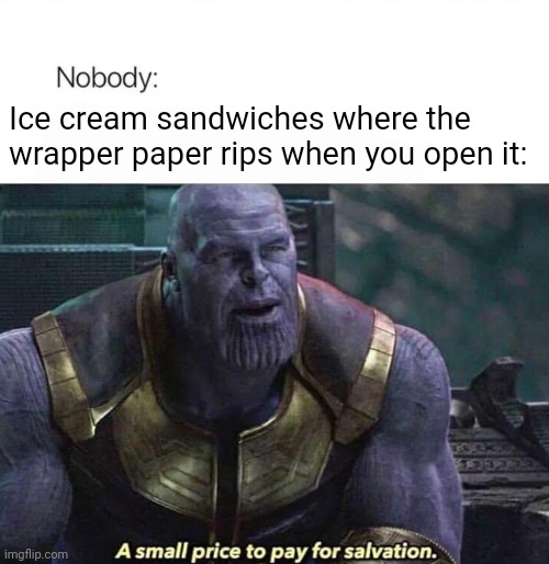 Happens every time! But ice cream sandwiches are worth it :) | Ice cream sandwiches where the wrapper paper rips when you open it: | image tagged in ice cream,sandwich | made w/ Imgflip meme maker