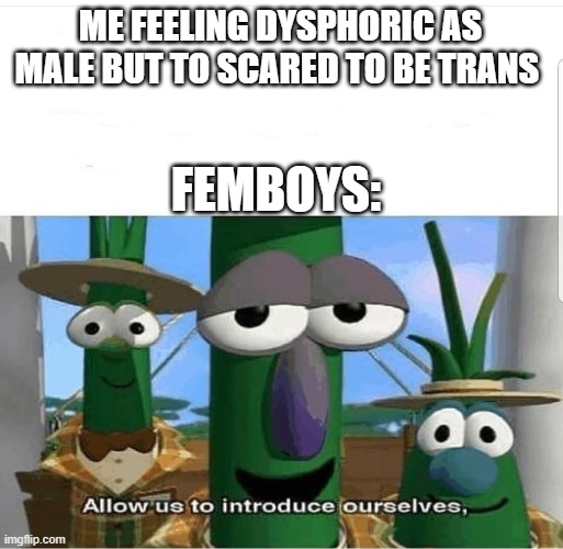 (image title) | ME FEELING DYSPHORIC AS MALE BUT TO SCARED TO BE TRANS; FEMBOYS: | image tagged in allow us to introduce ourselves,lgbtq | made w/ Imgflip meme maker