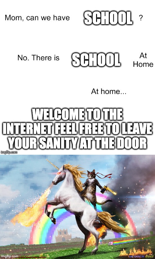 SCHOOL SCHOOL WELCOME TO THE INTERNET FEEL FREE TO LEAVE YOUR SANITY AT THE DOOR | image tagged in mom ca we have,welcome to the internet | made w/ Imgflip meme maker