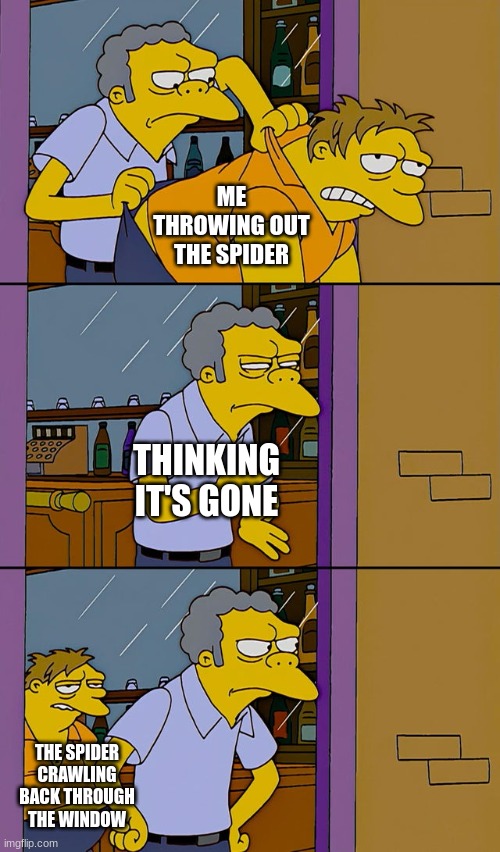 Moe throws Barney | ME THROWING OUT THE SPIDER; THINKING IT'S GONE; THE SPIDER CRAWLING BACK THROUGH THE WINDOW | image tagged in moe throws barney | made w/ Imgflip meme maker