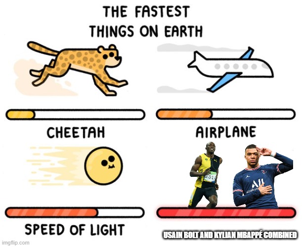 Fastest person combined with French Footballer | USAIN BOLT AND KYLIAN MBAPPÉ COMBINED | image tagged in fastest thing possible | made w/ Imgflip meme maker