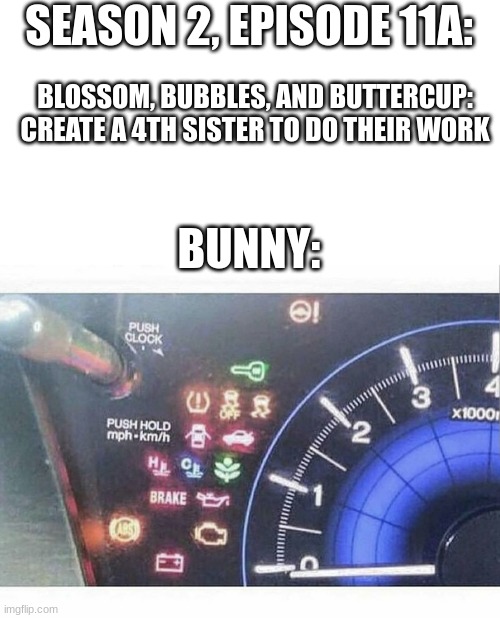 Car warning lights | SEASON 2, EPISODE 11A:; BLOSSOM, BUBBLES, AND BUTTERCUP: CREATE A 4TH SISTER TO DO THEIR WORK; BUNNY: | image tagged in car warning lights,powerpuff girls | made w/ Imgflip meme maker