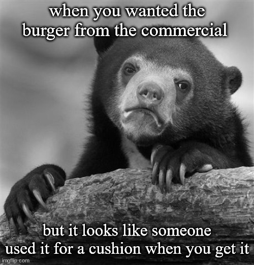 *cries* | when you wanted the burger from the commercial; but it looks like someone used it for a cushion when you get it | image tagged in memes,confession bear,bruh,who sat on it,burger problems | made w/ Imgflip meme maker