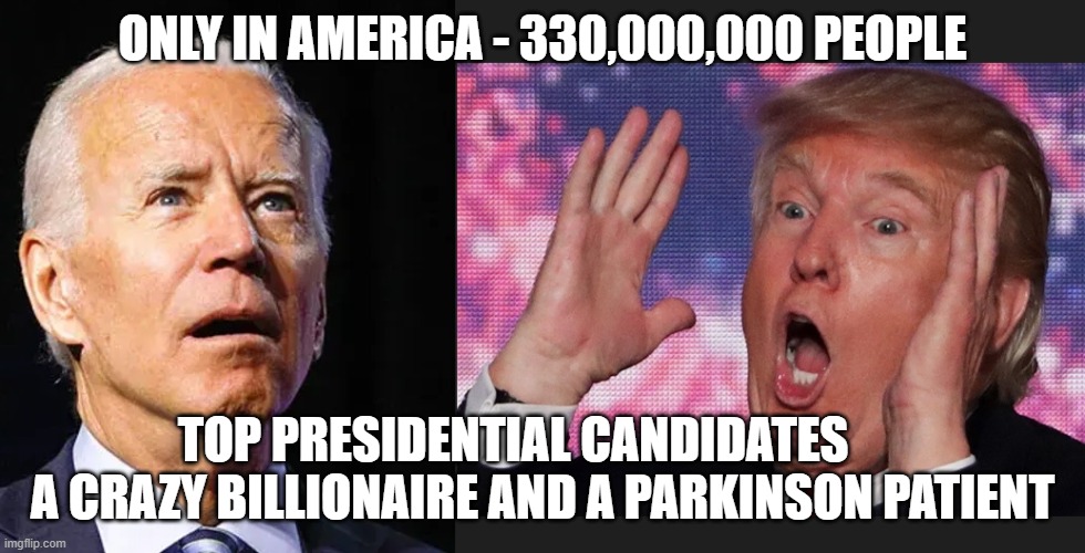 crazy og parkinson president | ONLY IN AMERICA - 330,000,000 PEOPLE; TOP PRESIDENTIAL CANDIDATES       A CRAZY BILLIONAIRE AND A PARKINSON PATIENT | image tagged in biden trump | made w/ Imgflip meme maker