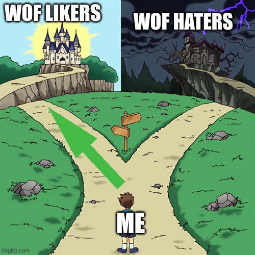 wof meme #24 | WOF LIKERS; WOF HATERS; ME | image tagged in two paths diverge | made w/ Imgflip meme maker