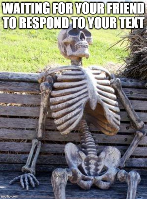 :| | WAITING FOR YOUR FRIEND TO RESPOND TO YOUR TEXT | image tagged in memes,waiting skeleton | made w/ Imgflip meme maker