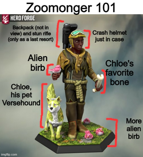 Zoomonger 101; Crash helmet just in case; Backpack (not in view) and stun rifle (only as a last resort); Alien birb; Chloe's favorite bone; Chloe, his pet Versehound; More alien birb | made w/ Imgflip meme maker